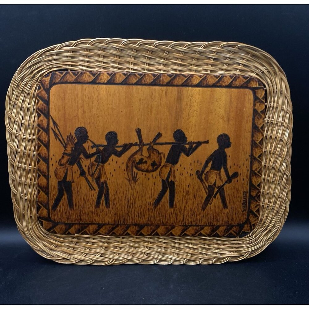 Primitive Pyrography Wall Art Wood Tray Rustic African Hunting Decor Signed